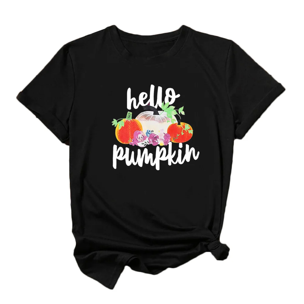 Фото Женская футболка с рисунком тыквы Здравствуйте женская графическим на Хэллоуин