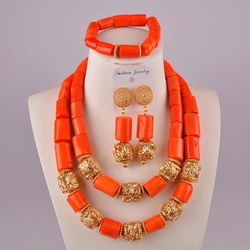 

African Fashion Jewelry Orange Natural Coral Bead Necklace Jewelry Nigeria Wedding Bride Bridesmaid Wedding Jewelry Set AU-103