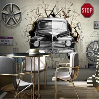 custom photo mural retro style 3d broken wall car painting non woven poster cafe restaurant bar bedroom background decoration