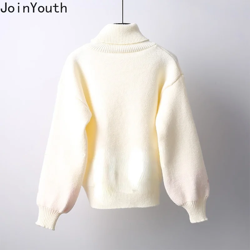 Пуловер женский вязаный с высоким воротником и рукавами-фонариками | Женская