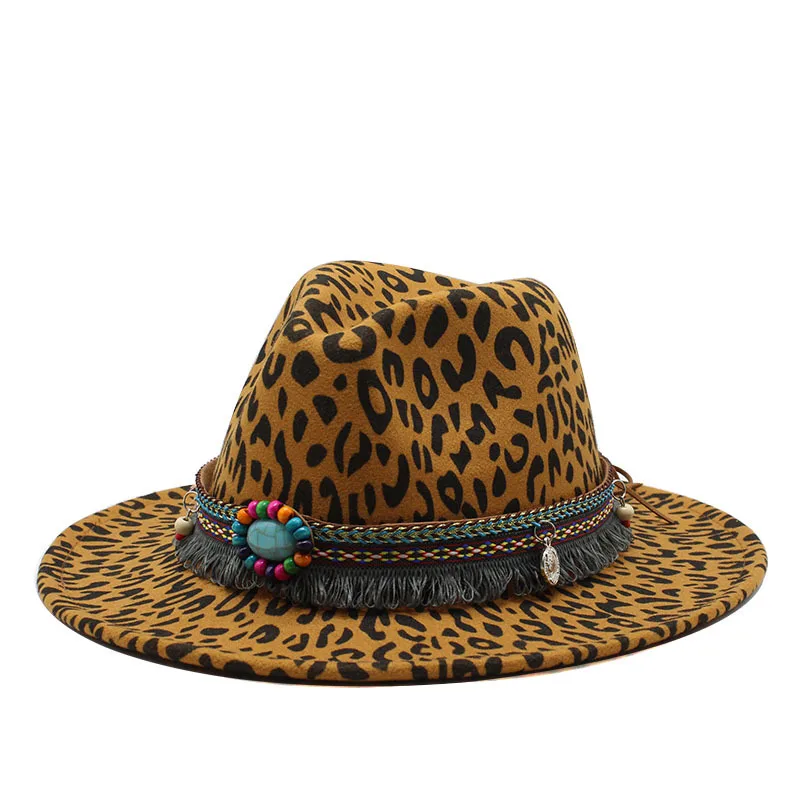 2020 new winter wool Fashion Leopard Printing Jazz Fedoras Men Women Vintage Trilby Cap Leisure Big Brim Felt Panama Hat | Аксессуары
