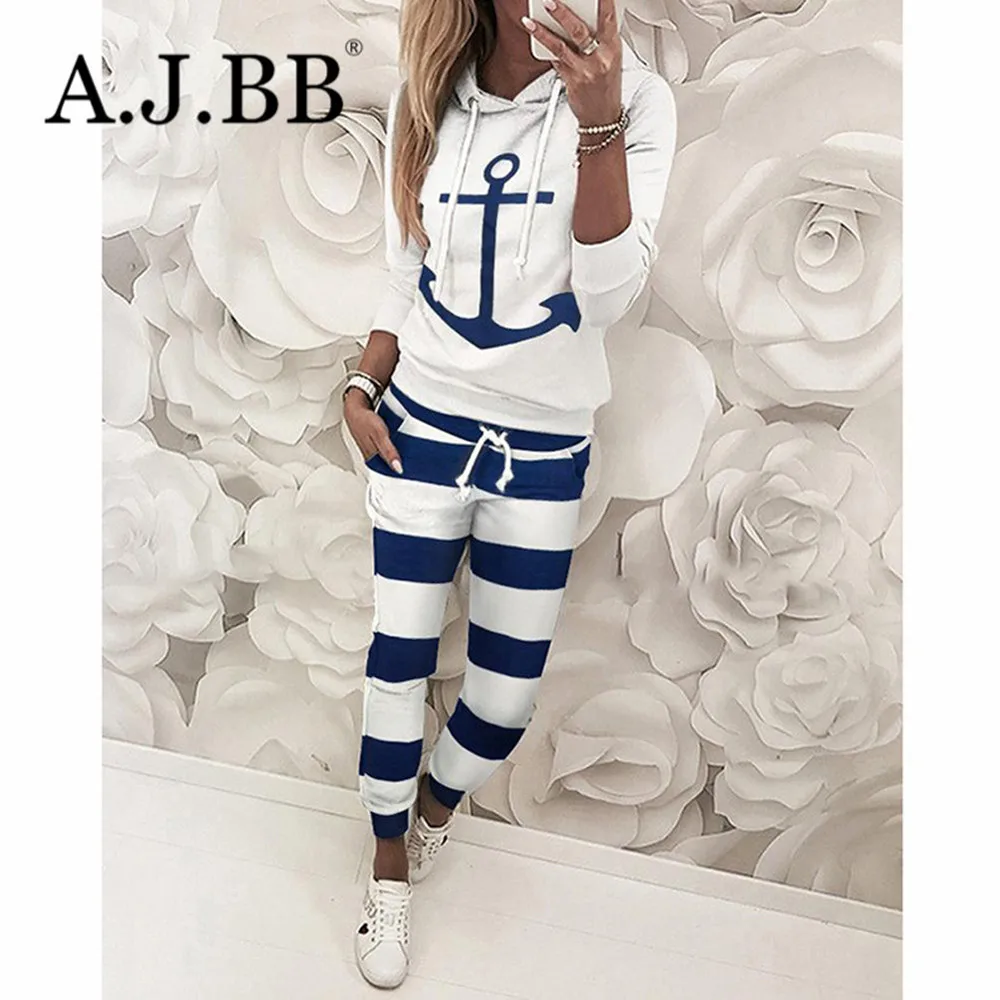 Женский спортивный костюм с принтом якоря свободная футболка капюшоном и
