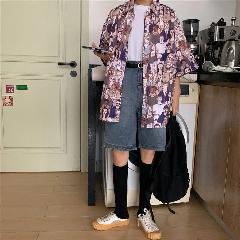 

MINGLIUSILI Vintage Shirts Women Fashion 2021 Korean Style Harajuku Print Button Up Shirt Loose Casual Short Sleeve Blouses