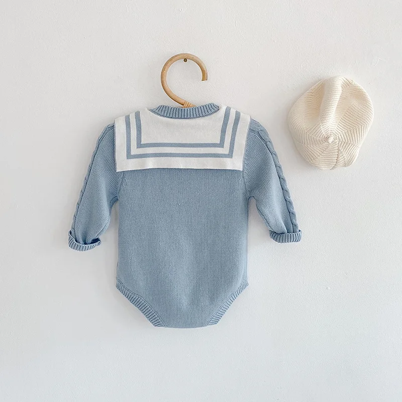 2021 nuevo oto&ntilde;o Body para beb&eacute; de manga larga de cuello marinero de lana azul mono Estilo Dulce reci&eacute;n nacido Ropa E020-2