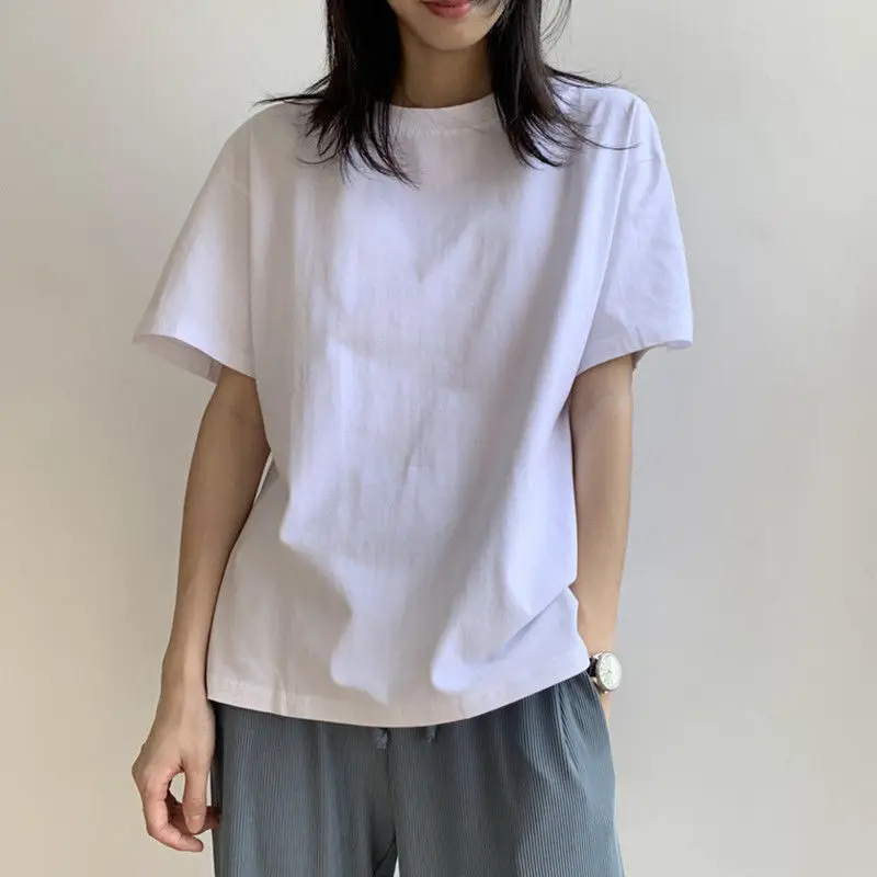 

2021 summer new Tees pure cotton simple solid color short sleeve T-shirt women's fashionable loose bottomed top