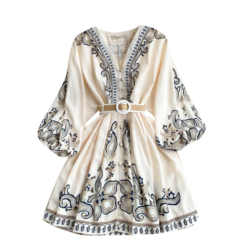 

Court style dress autumn goddess temperament V-neck breasted slim fit short retro Printed Dress Skirt fashion