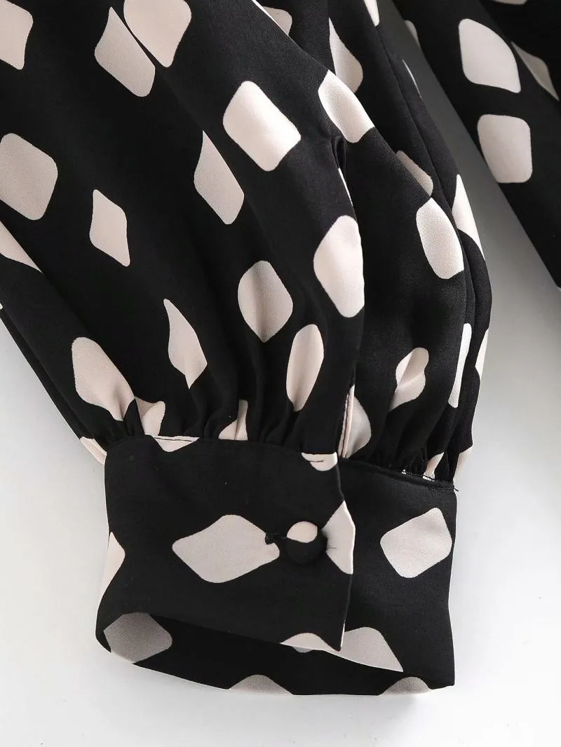 

2021 Spring Autumn Fashion Women Geometry Print Bow Tie Shirt Dress Long Sleeve Office Ladies Midi Dress With Slash F113