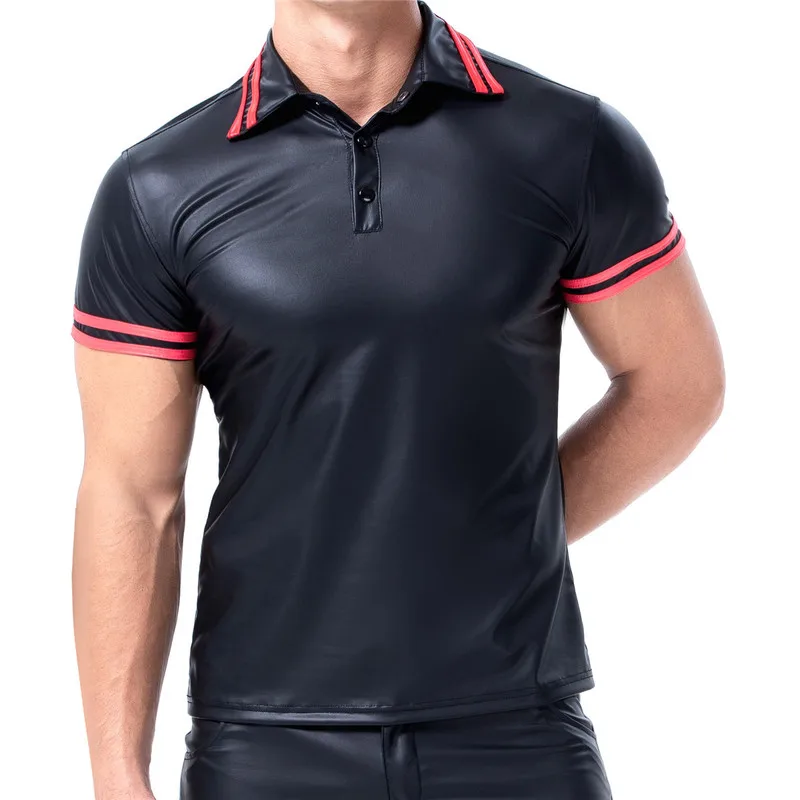 

Mens T-shirts PU Leather Short Sleeve Body Shapers Streetwear Plus Size Undershirts Party Clubwear Sexy Shirts Tee Chemise XXL