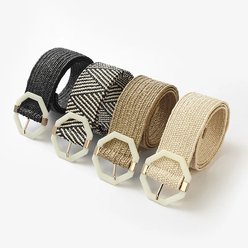 

Summer Women Braided Elastic Belt Round Square Wooden Buckle Vintage Bohe Straw Buckle Belt Women Knitted Belt Dress Belt Jeans