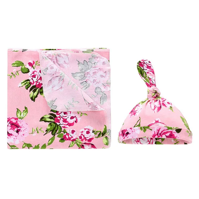Powder flower Комплект из 2 предметов, хлопковое детское одеяло для пеленания+ шапка, одеяло для новорожденных, осенний спальный мешок для малышей, банное полотенце, размер 90*90 см - Цвет: Powder flower