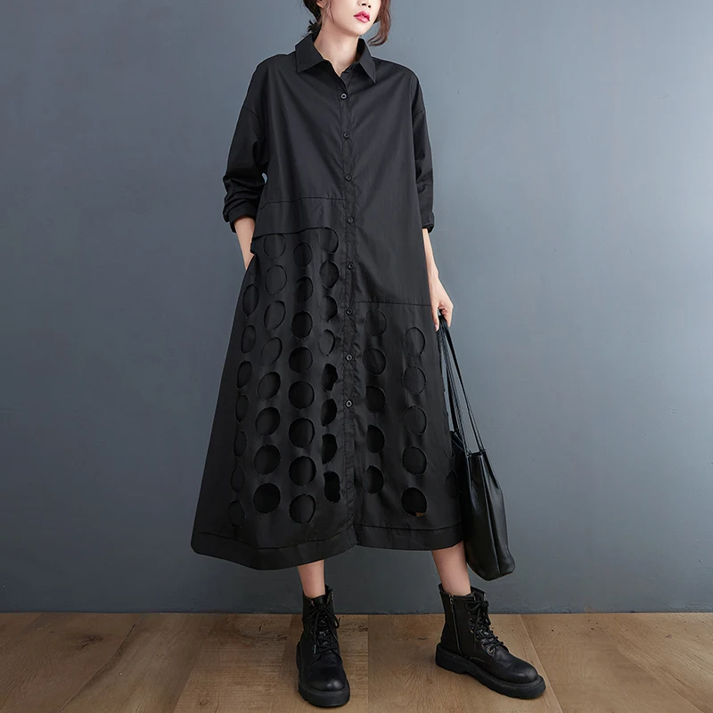 Polka Dot Hollow Out Shirt Dresses For Women Fashion Long Sleeve Loose Casual Midi Dress Elegant Clothes Spring Autumn 2022