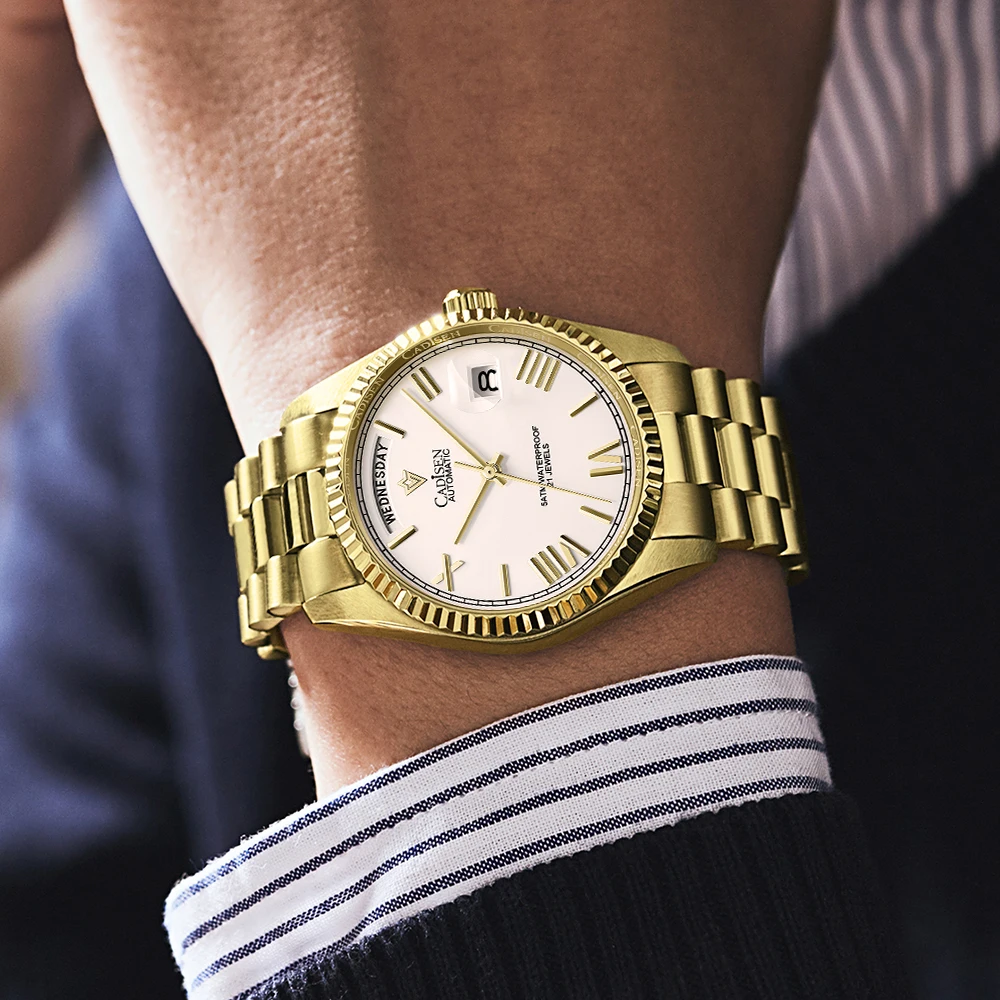 

CADISEN 2021 Men Watches Automatic Mechanical Luxury Brand 50M Waterproof Sapphire MIYOTA 8285 Gold Stainless Steel Wrist Watch