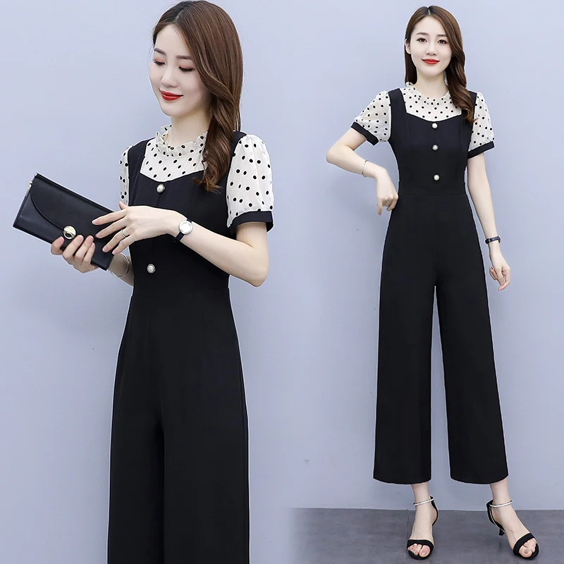 

Women Short Sleeve Chiffon Jumpsuits Suit Female Fashion Vintage Summer Elegant Long Pant Polka Dot Romper Casual Loose Outfits