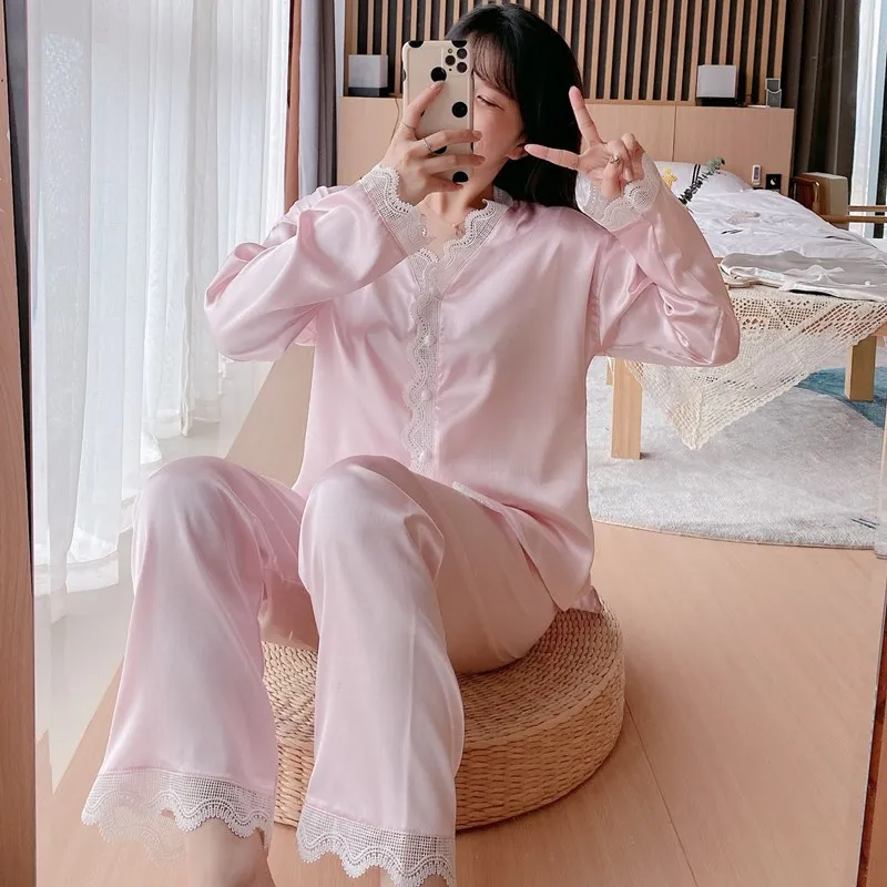 Ice Silk Pajamas Women's Spring Summer Long Sleeve Trousers 2Pcs Set Nightwear Korean Thin Simple Fashion Home Wear Sleepwear