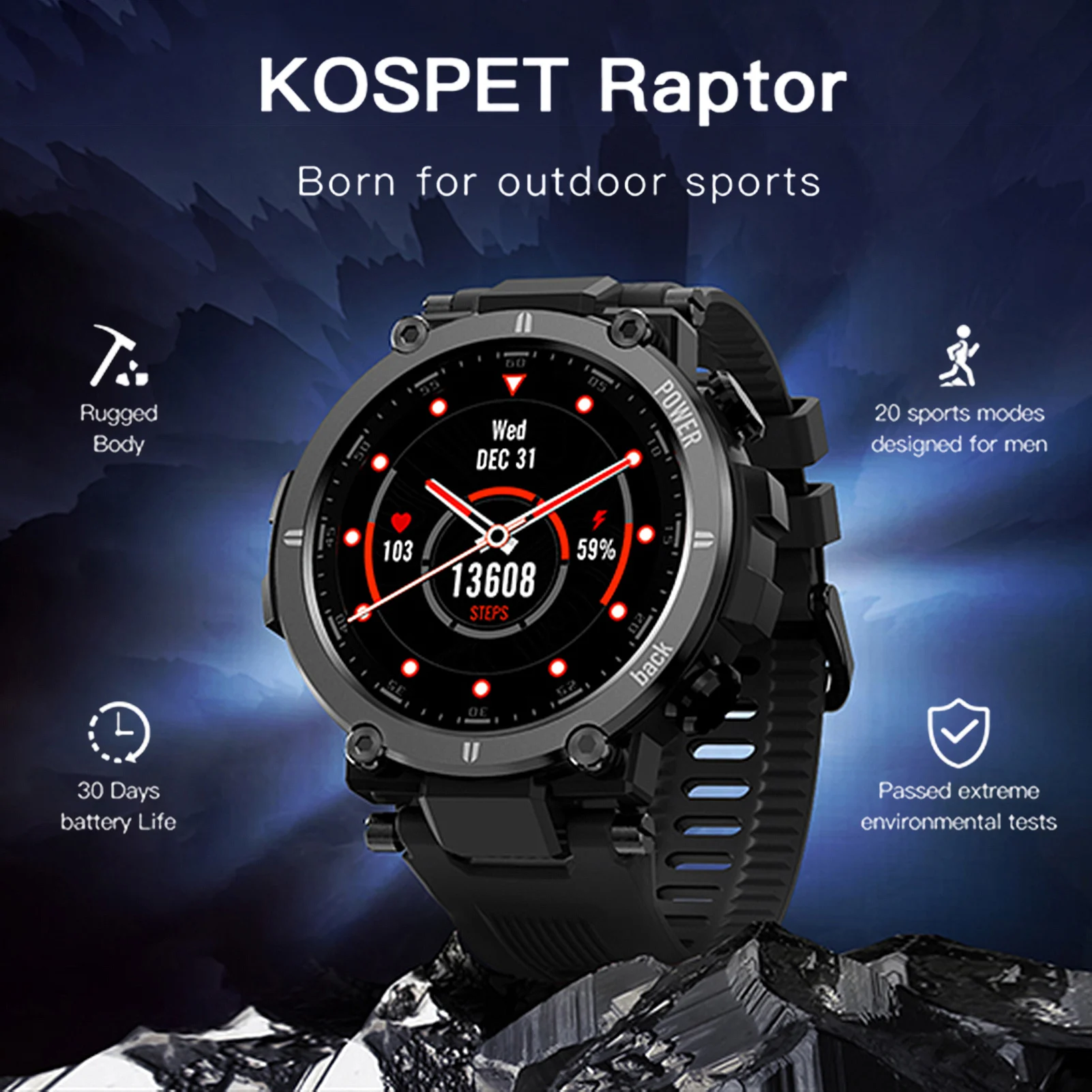 

Смарт-часы KOSPET Raptor для мужчин/женщин, водонепроницаемость IP68, пульсометр, фитнес-браслет, 2021