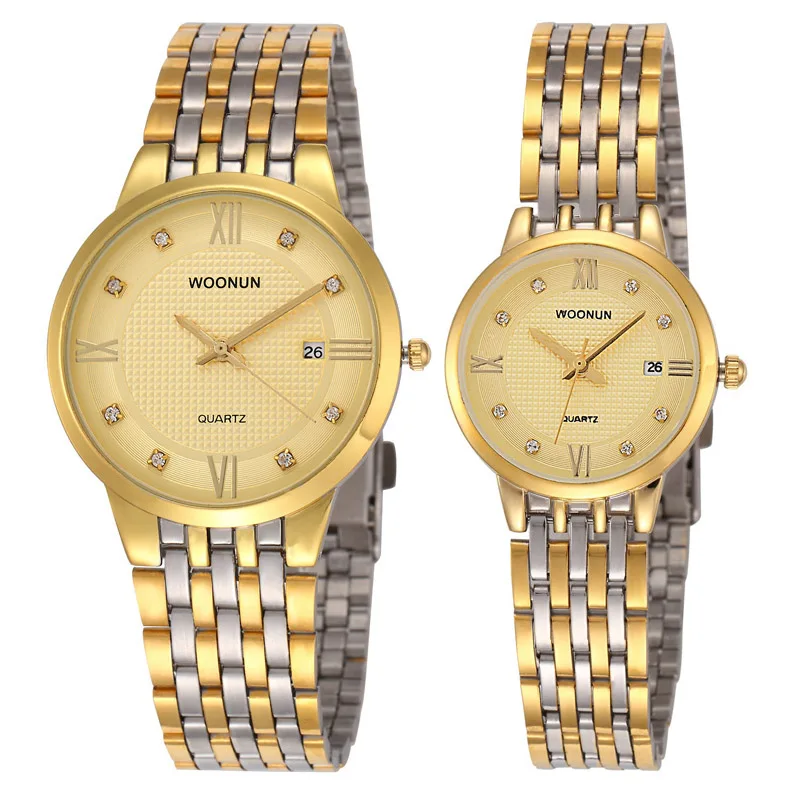 Роскошные золотые часы для влюбленных пар, модные часы, кварцевые часы из нержавеющей стали, мужские и женские модные деловые часы