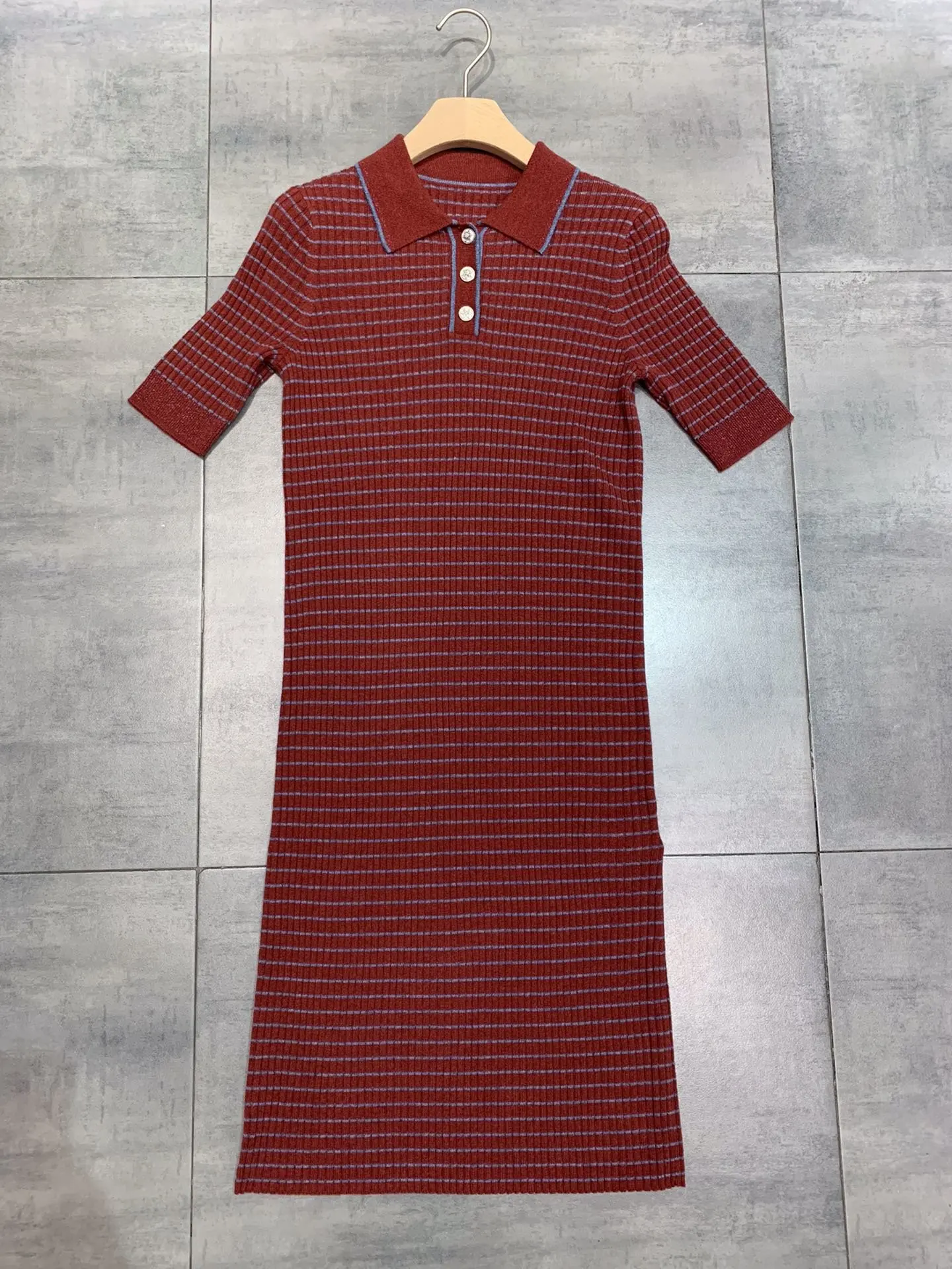 

new ladies 2021 fashion short sleeve lapel striped cashmere dress 0926