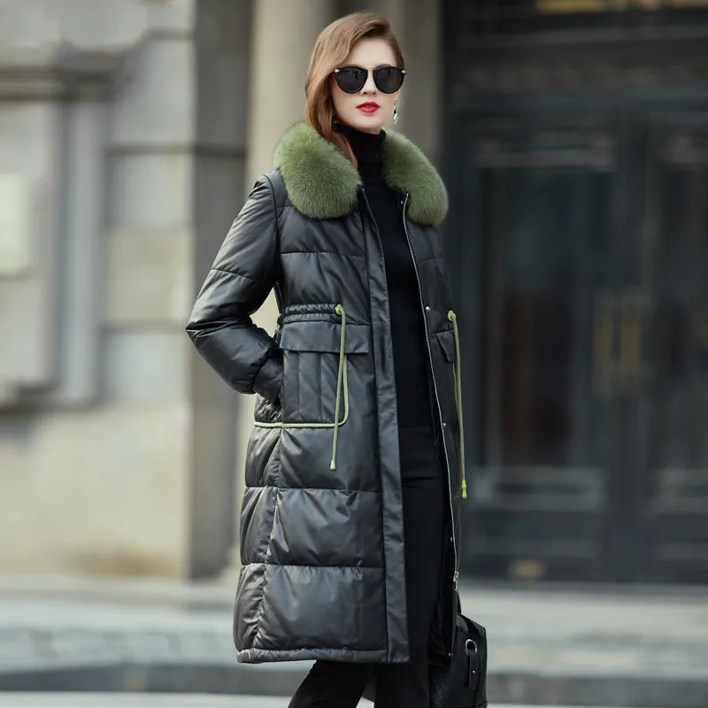 Женская куртка из натуральной кожи с воротником лисьего меха Осень зима|Кожаные