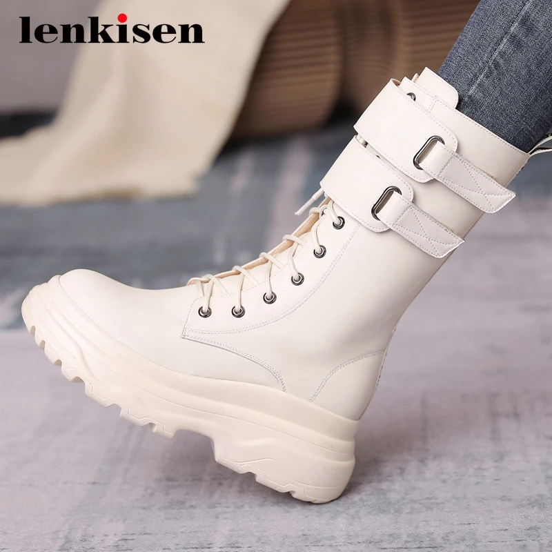 

Женские сапоги из натуральной кожи Lenkisen, зимние сапоги до середины икры, на толстой подошве, на высоком каблуке, с круглым носком, на молнии, ...