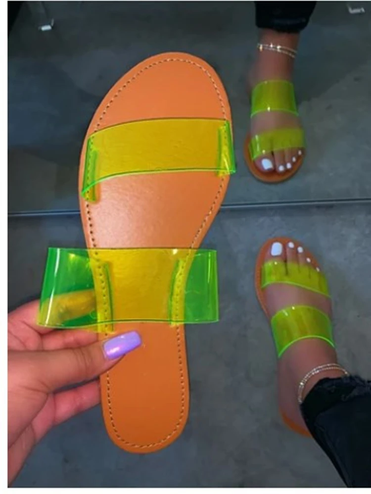 

Summer Sexy Ladies Slippers Transparent Solid PVC Strap Flat Rubber Sole Outdoor Beach Slides Fashion Ladies Shoes Female Modern