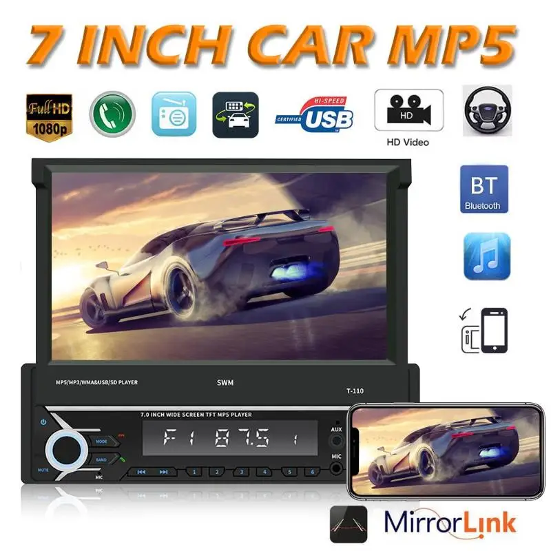 SWM T-110 Bluetooth Car Stereo MP5 Player 7 inch Retractable Screen AUX USB Radio Receiver In Dash Head Unit | Автомобили и