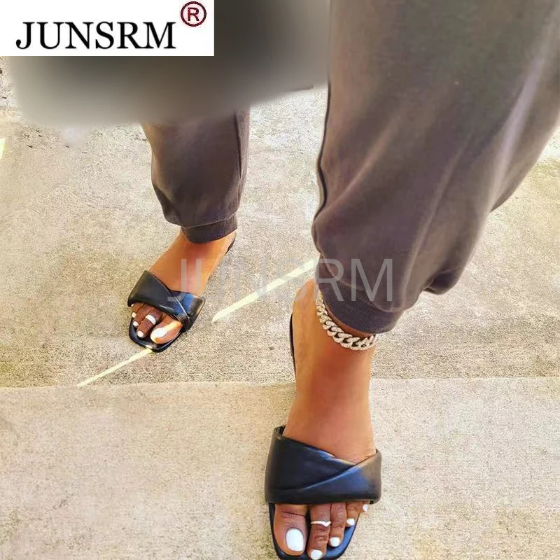 

2021 New Women Pleated Square Toe Slippers Woman Solid Slides Female Shoes Ladies Summer Beach Casual Footwear Plus Size 43