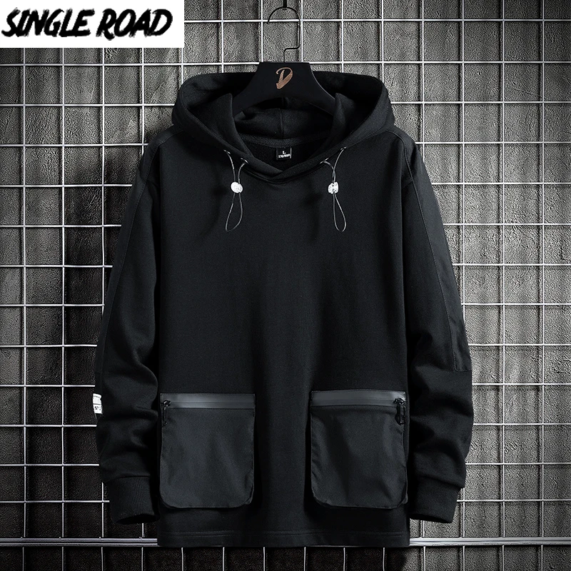 

Single Road Mens Hoodies Men Techwear Solid Harajuku Sweatshirt Hip Hop Japanese Streetwear Casual Black Oversized Hoodie Men