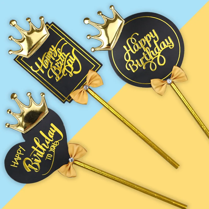 

2PCS Birthday Cake Decoration Happy Birthday Baking Plugin Gold Crown Plugin Dessert Table Dress Up
