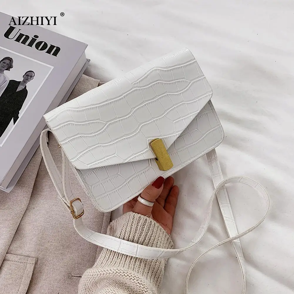 

Popular Simple Female Daily Bag Fashion PU Leather Shoulder Purse Portable Street Flap Solid Stone Messenger Bag