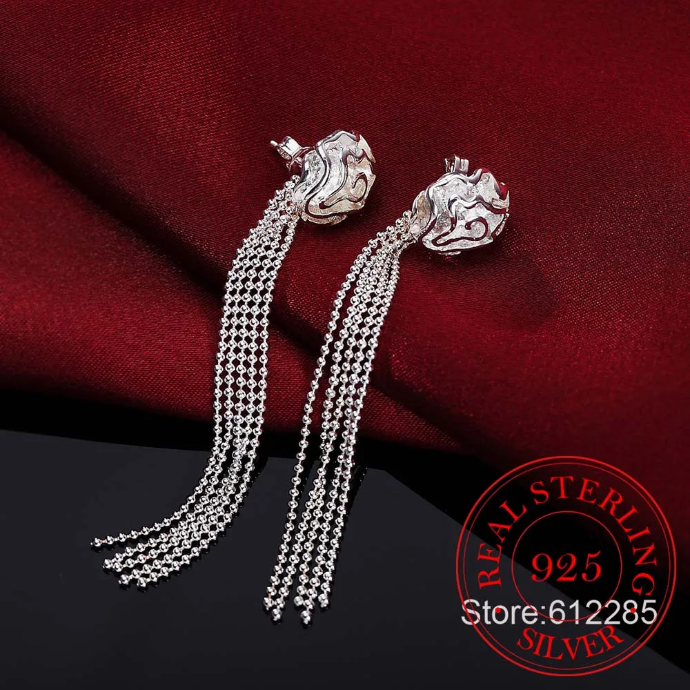 

100% 925 Sterling Silver Rose Flower Vintage Long Tassel Drop Dangle Earrings For Women 2020 Engagement Wedding Jewelry Gift