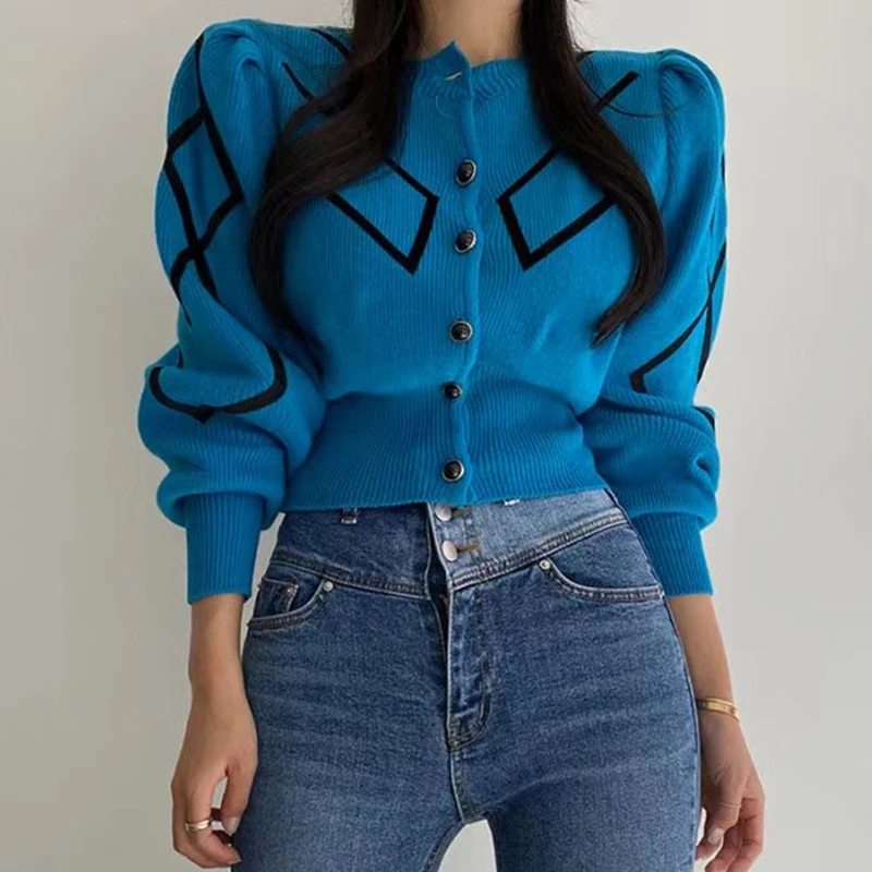 

New 2021 Women's Autumn Winter Sweaters Fashionable Elegant Lady Short Cardigans Vintage Puff Sleeve Tops U524