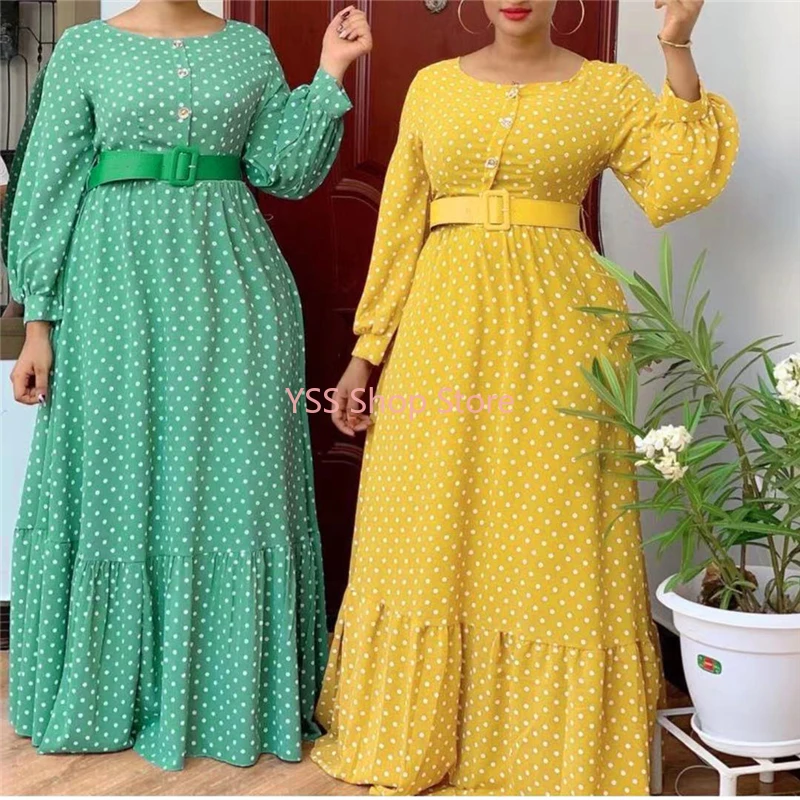 

New African Lace Dresses for Women Dots Long Sleeve Ruffle Dress with Belt Plus Size Dress