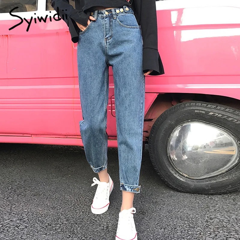 Джинсы женские с пуговицами и завышенной талией винтажные свободные джинсы для