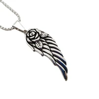 vintage 316l stainless steel rose feather pendant necklace gothetic rock angel wing feather hip hop necklace fashion