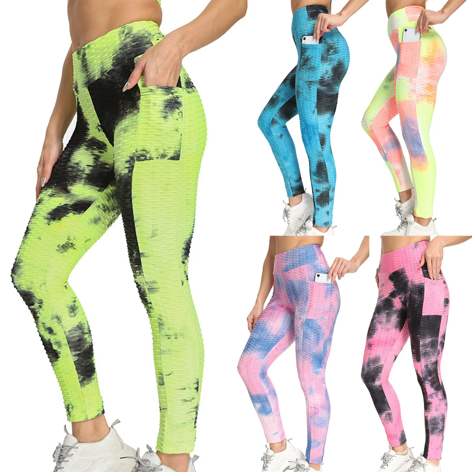 

Women's Tie-dye Pocket High Waist Hip-lifting Yoga Pants Jacquard Bubble Breathable Buttocks Fitness Tights yoga broek A20