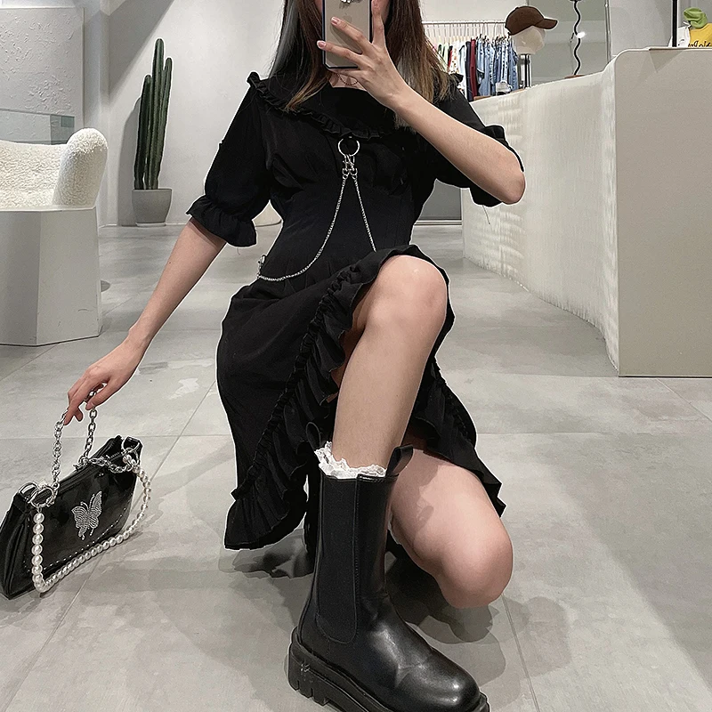 

2021 Summer Vintage Chain Gothic Dress Women Puff Sleeve Ruffles Black Dresses Plus Size Sexy dress vestidos