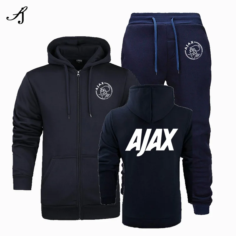 Новинка, модная спортивная одежда AJAX, толстовка с капюшоном, мужская спортивная одежда, два предмета, хлопок, флис, Толстая Толстовка с капюшоном+ штаны, спортивный костюм для мужчин - Цвет: Navy blue suit