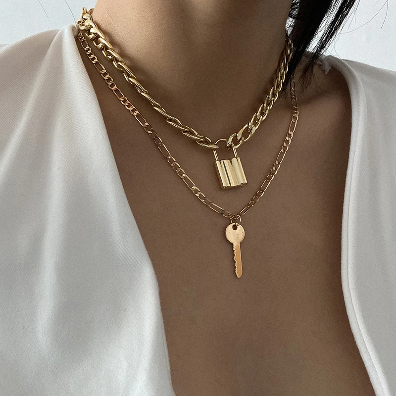 

Punk Multilayer Padlock Key Long Pendant Necklace Cuban Link Chain Choker Necklace For Women Gold Color Collar Jewlery