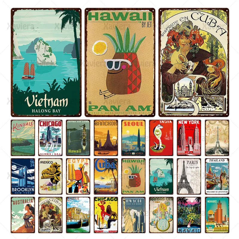 

City Poster Metal Tin Painting Chicago Thailand Egypt India Hawaii Atlantic Cuba Iron Plaque Tin Bar Pub Hotel Home Decoration