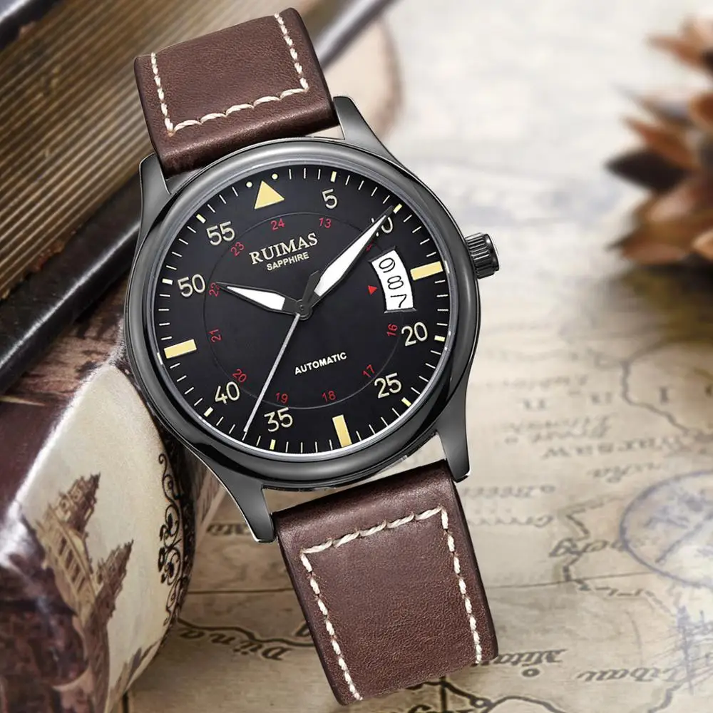 Модные японские автоматические часы Movt мужские деловые механические с кожаным