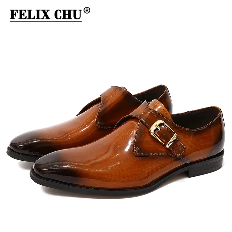 Brown FELIX CHU/Коллекция года; Мужские модельные туфли из лакированной кожи с гладким ремешком; мужские туфли; обувь в деловом стиле; свадебные туфли с пряжкой; цвет коричневый, черный - Цвет: Brown
