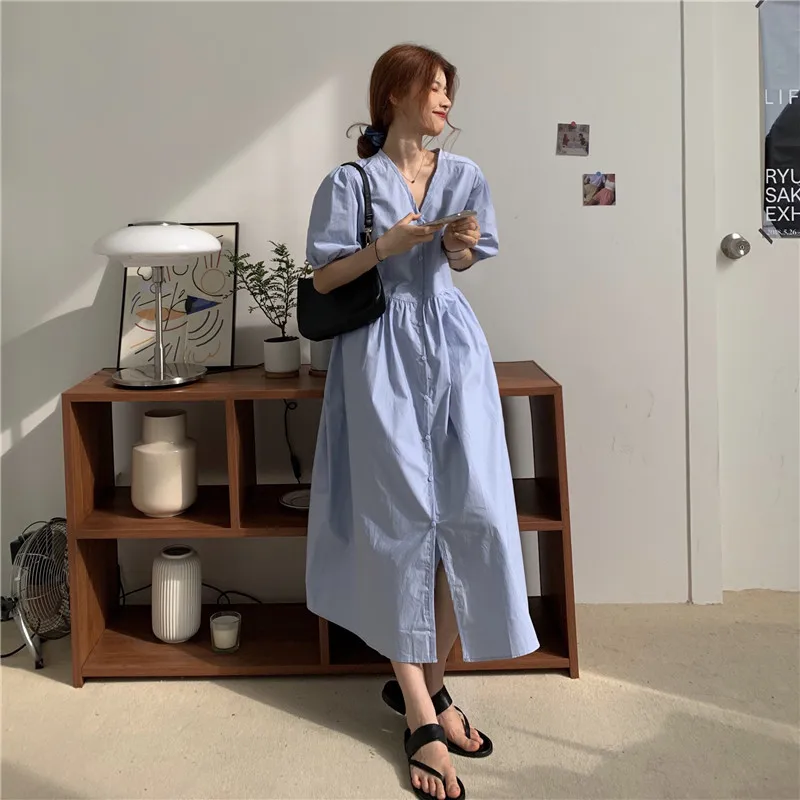 

2021 Summer New Women 's French Mid-Length Waist Slimming V-neck Shirt Puff Short Sleeve Dress Chic