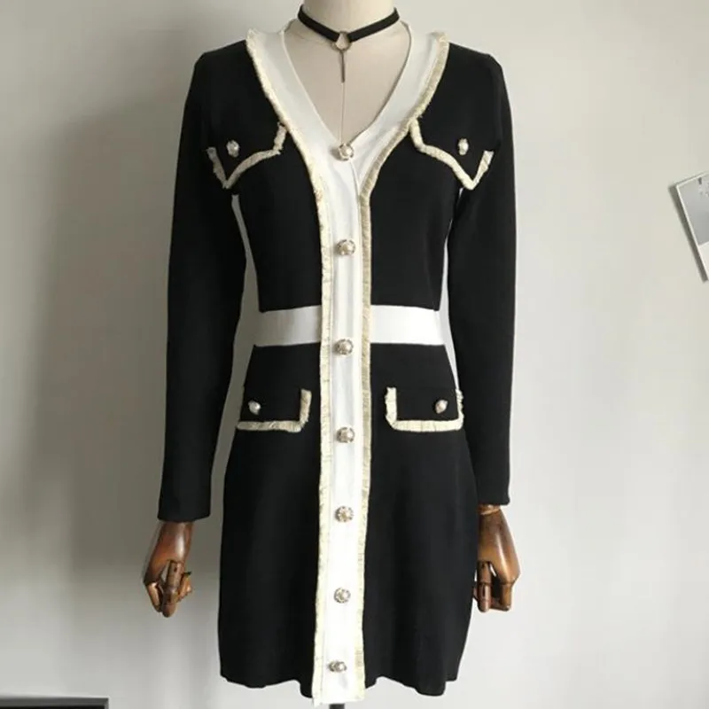 

New V-neck Long Sleeve Knitted Dress Women button Slim Fashion dress