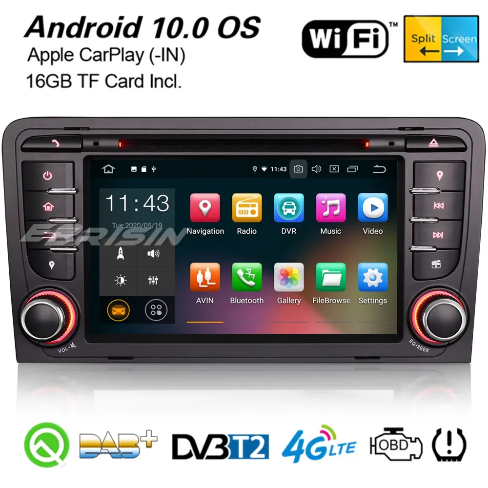 Erisin 5147 Android 10 0 CarPlay DAB + Navi автомобильный стерео WiFi 4G Bluetooth DVR OBD2 DVB T2 TPMS GPS для AUDI A3 S3 RS3