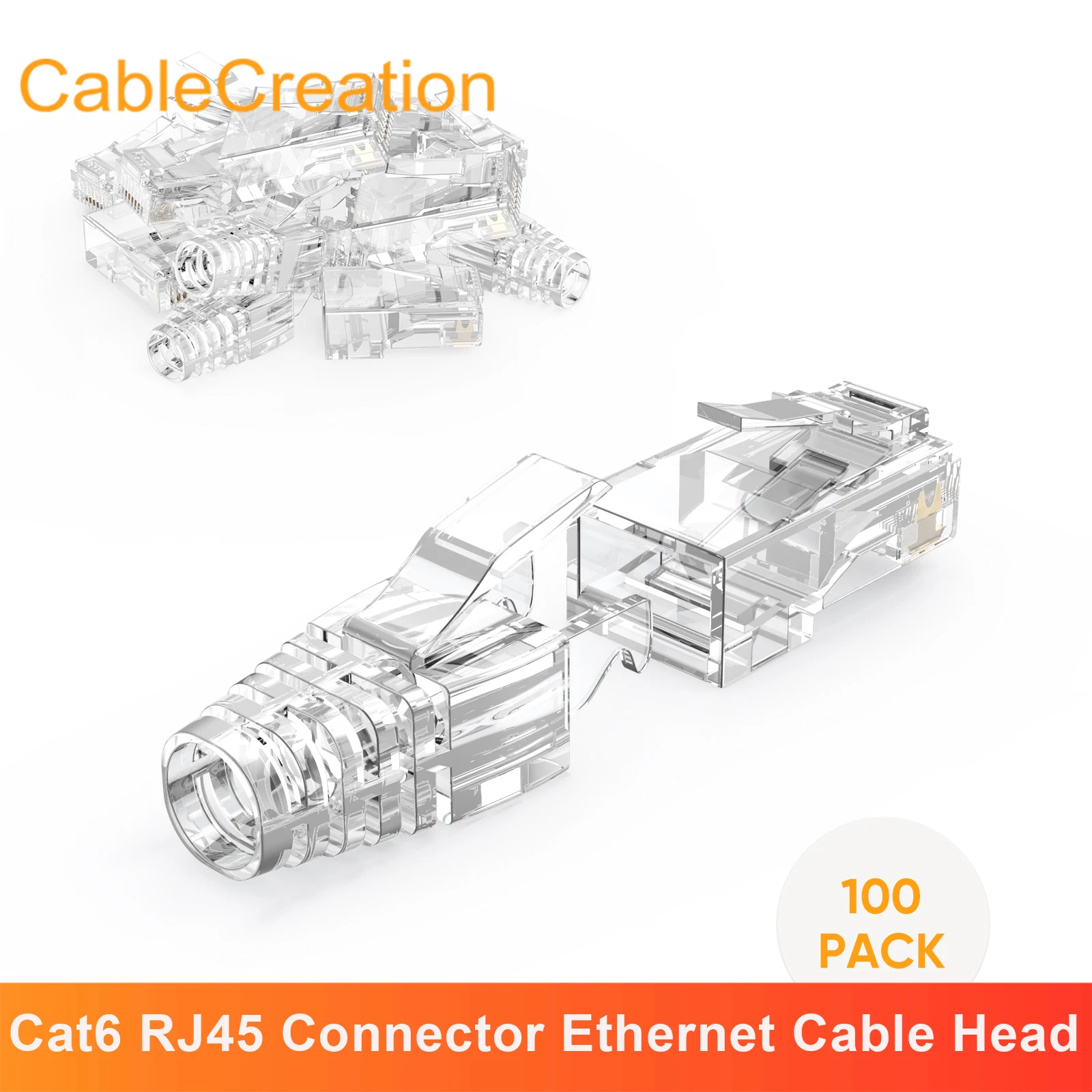 

Cablecreation Cat6 RJ45 Connector 8P8C Modular Cat6 Ethernet Cable Head Network Hood Transparent Gold-Plated Plug Cat6