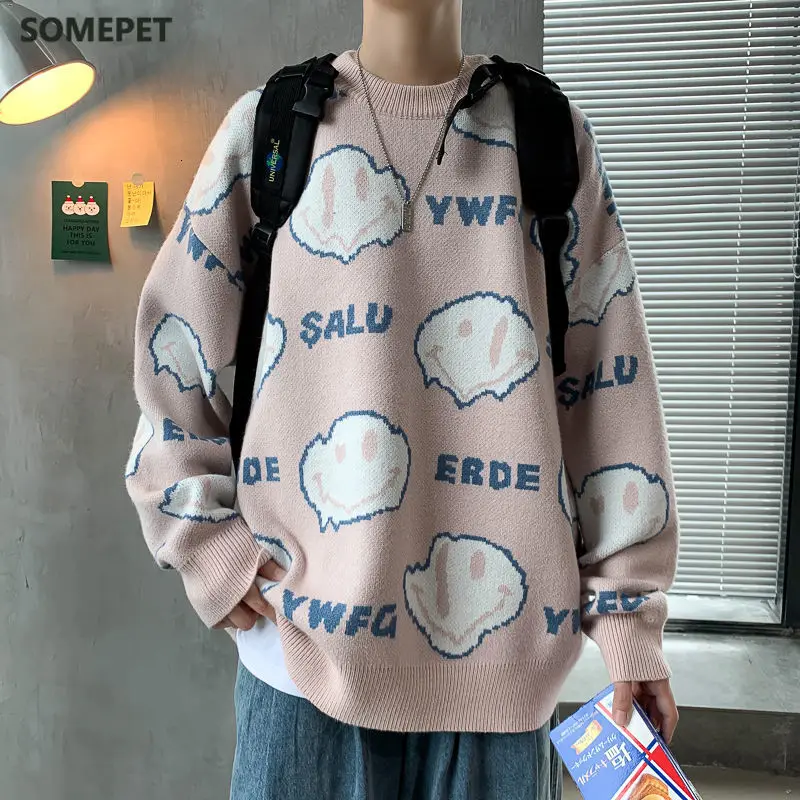 

Men's Loose All-match Sweater Trend Printed Letters Cartoon Smiley Face Knitted Pullover Loose Slim Bottoming Tops Autumn Winter