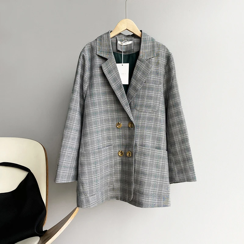 

2021 Spring Women's Jacket Autumn Retro Plaid Double-Breasted Lady Suit Korea Slim Long Sleeve Female Coat Casual Girls Blazers