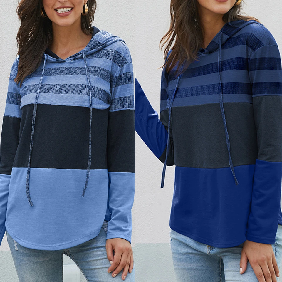 

Striped Women Hoodies Longline Poleron Mujer 2021 Tunic Long Sleeve Drawstring Color Block Pullover Sweatshirt Slim Fit Hoodie