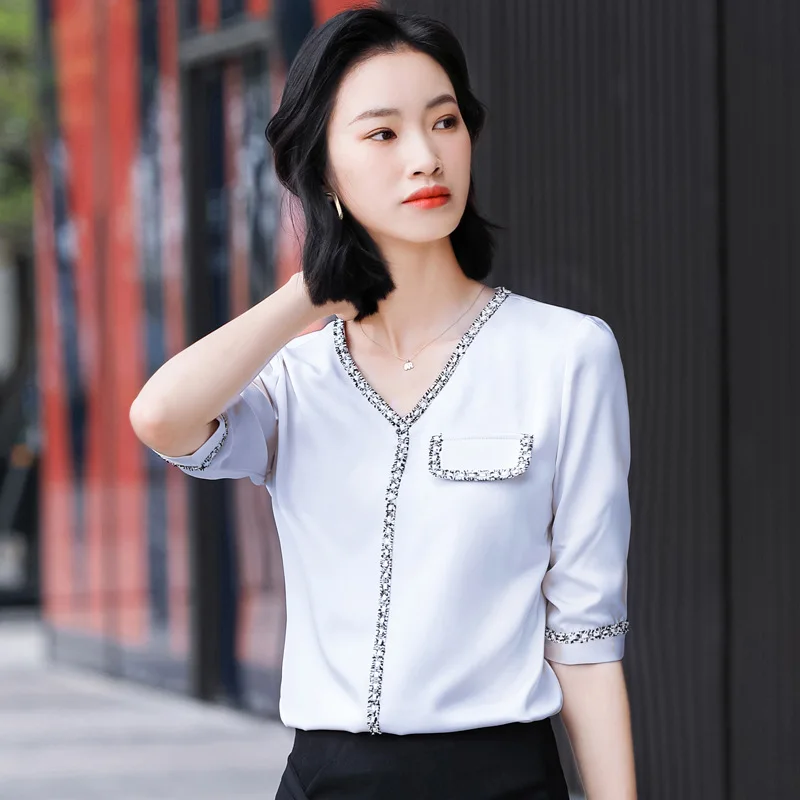 

women's Chiffon shirt V-neck professional waist Shirt Purple foreign style fashion high-end Top Shirt