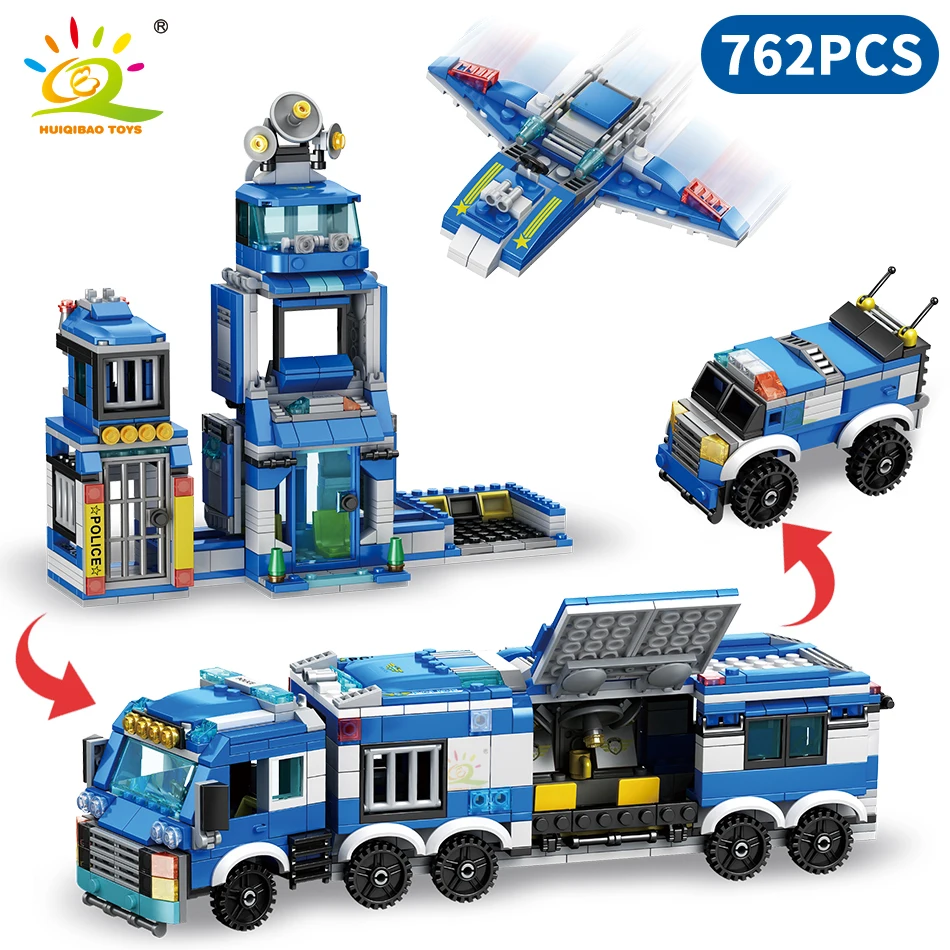 

HUIQIBAO 762PCS 8in1 City Police Station Command Trucks Building Blocks Policeman Car Helicopter Model Bricks Toys for Children